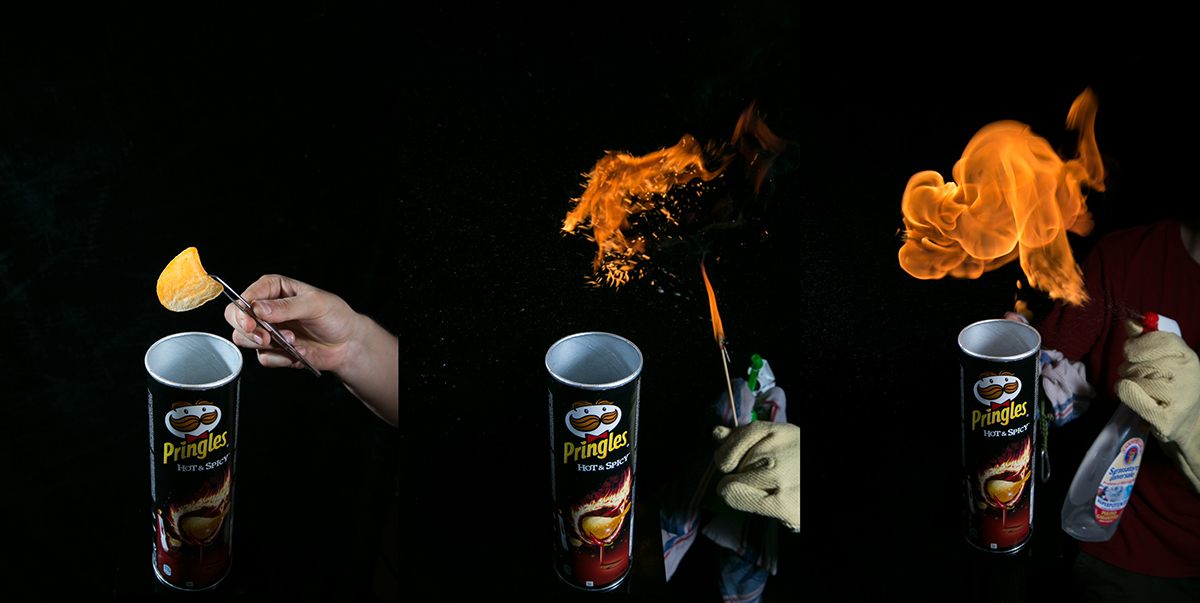 fire pringles explosion BANG fuoco Blame flame red black potato Hot spicy Food  still life