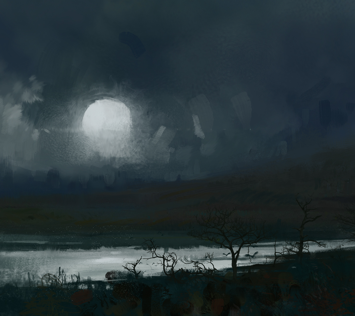 digital painting album art album cover metal protolith dark Landscape Night landscape moon lake hills Landscape Painting