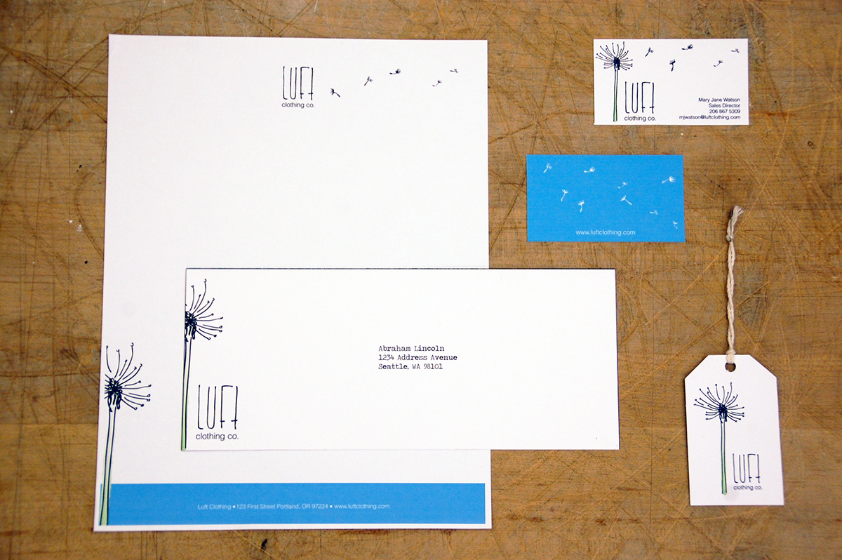 luft Clothing Website logo dandelion White blue shopping bag Business Cards letterhead Collaborative