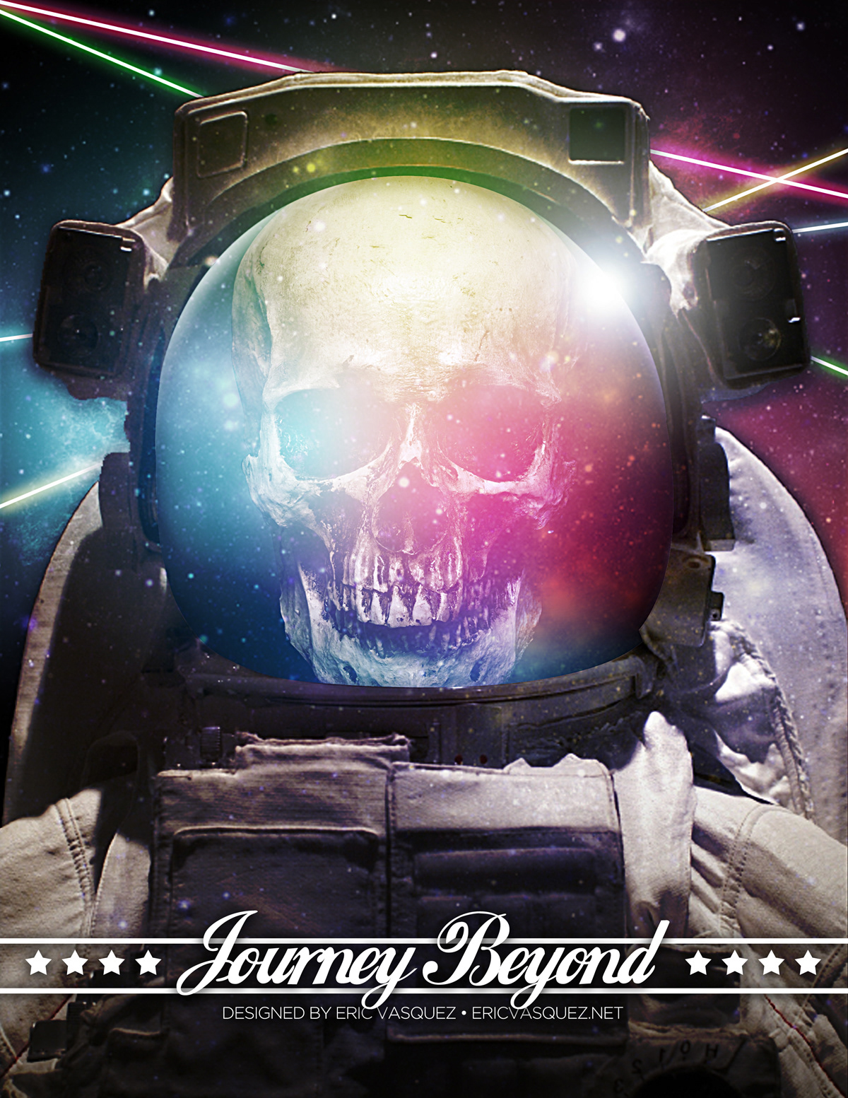 Space  astronaut skull nebula colorful light effects journey stars