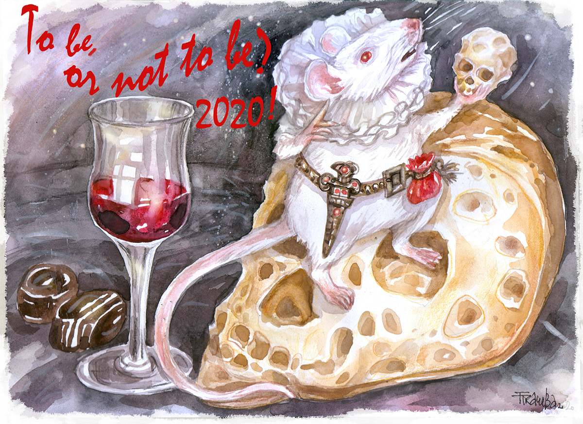 new year's cards watercolor fairy tale mouse rat new year.