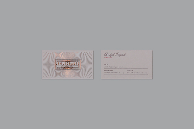 immigrant club Collateral business card letter head envelope hotprint cooper Stationery party print logo jakarta indonesia studio design