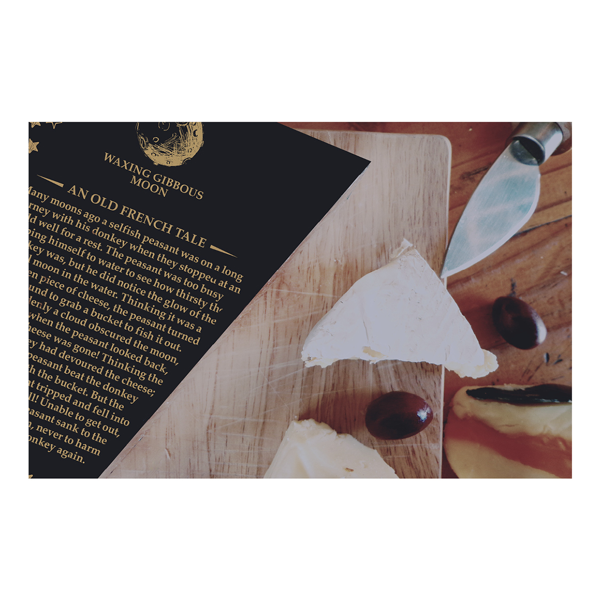 Harvest Moon English Cheese Cheese packaging Saxonshire English Cheese moon illustration moon black and gold packaging design folk tale Cheese platter gold foiling