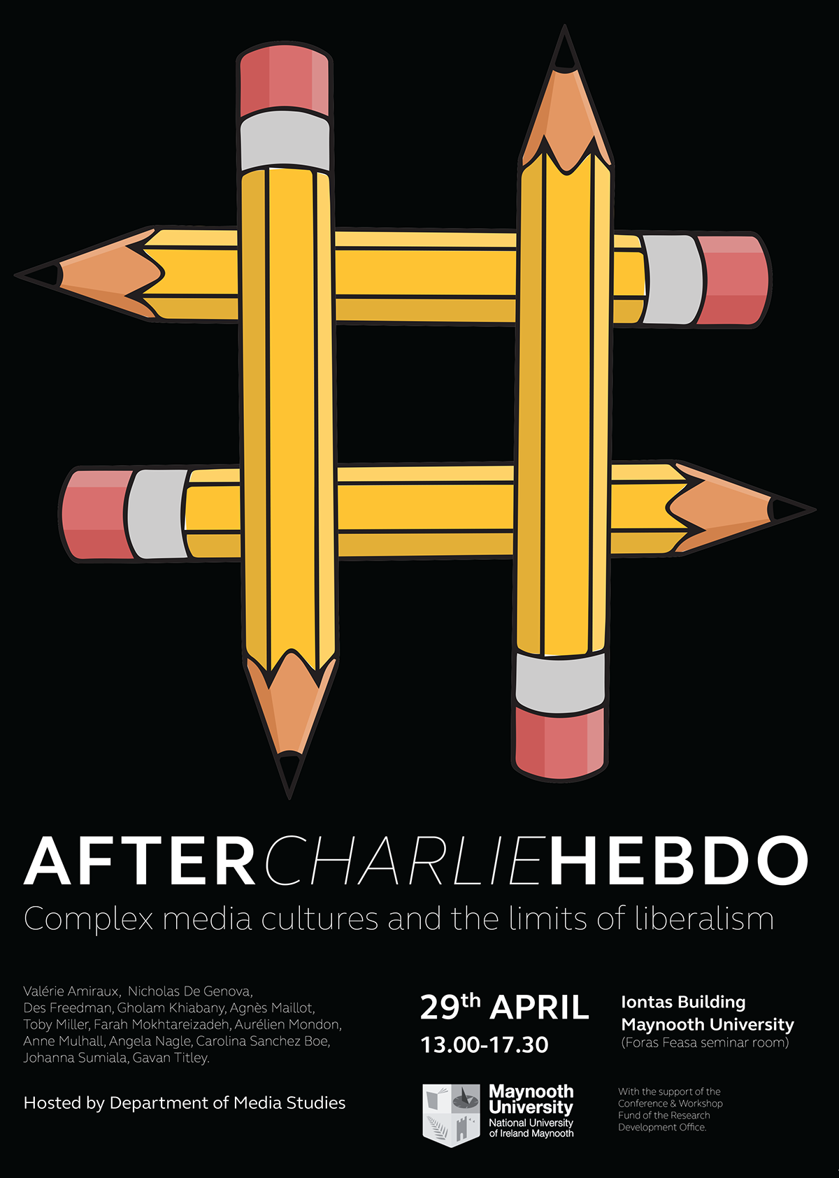 After Charlie Hebdo NUIM Maynooth University Jesuischarlie hashtag #jesuischarlie Pencil illustration symposium poster Charlie Hebdo Poster