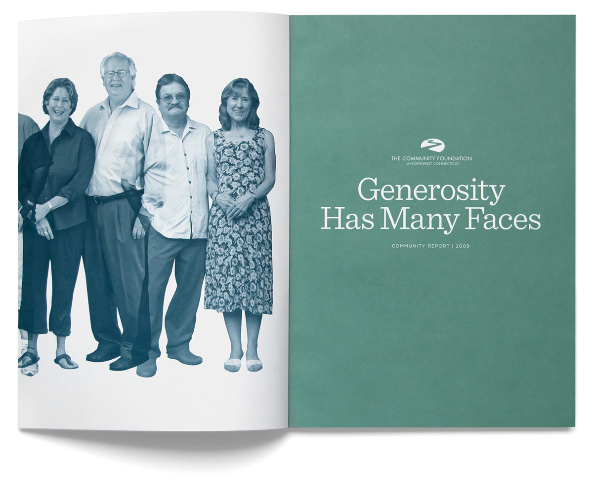 editorial nonprofit green blue portraits Duotone two color annual report