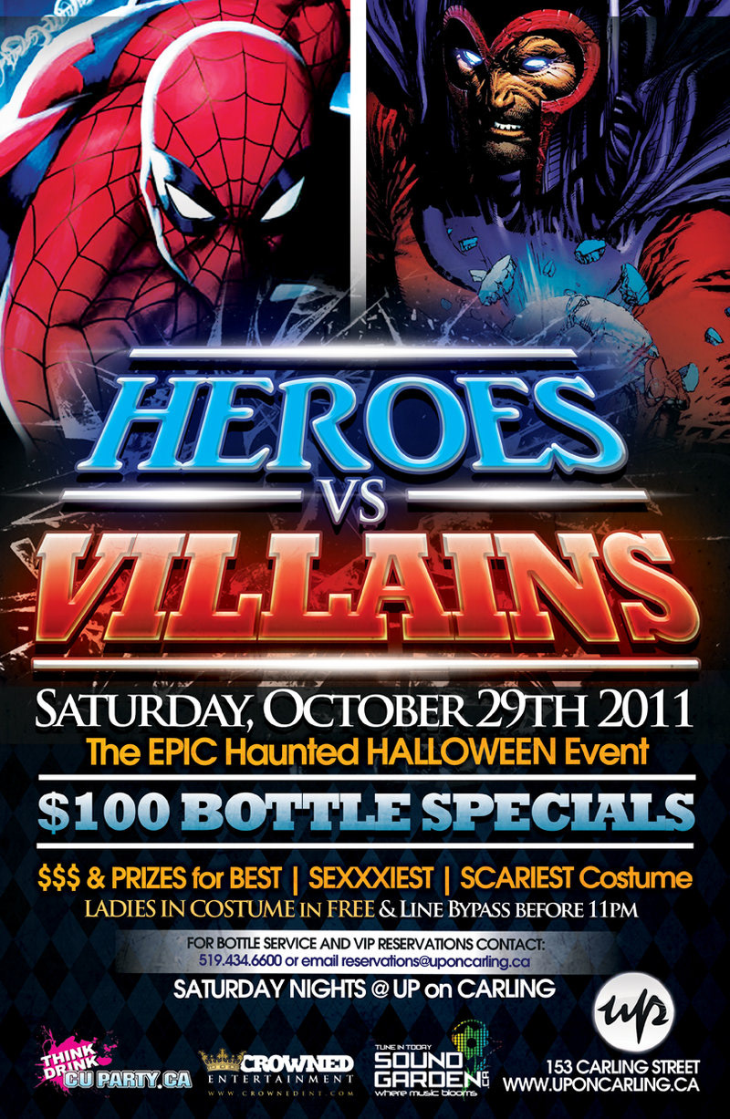 graphic design digital art artwork print poster flyer club nightclub Event party Toronto Halloween heroes vs villains gimmick magneto spiderman