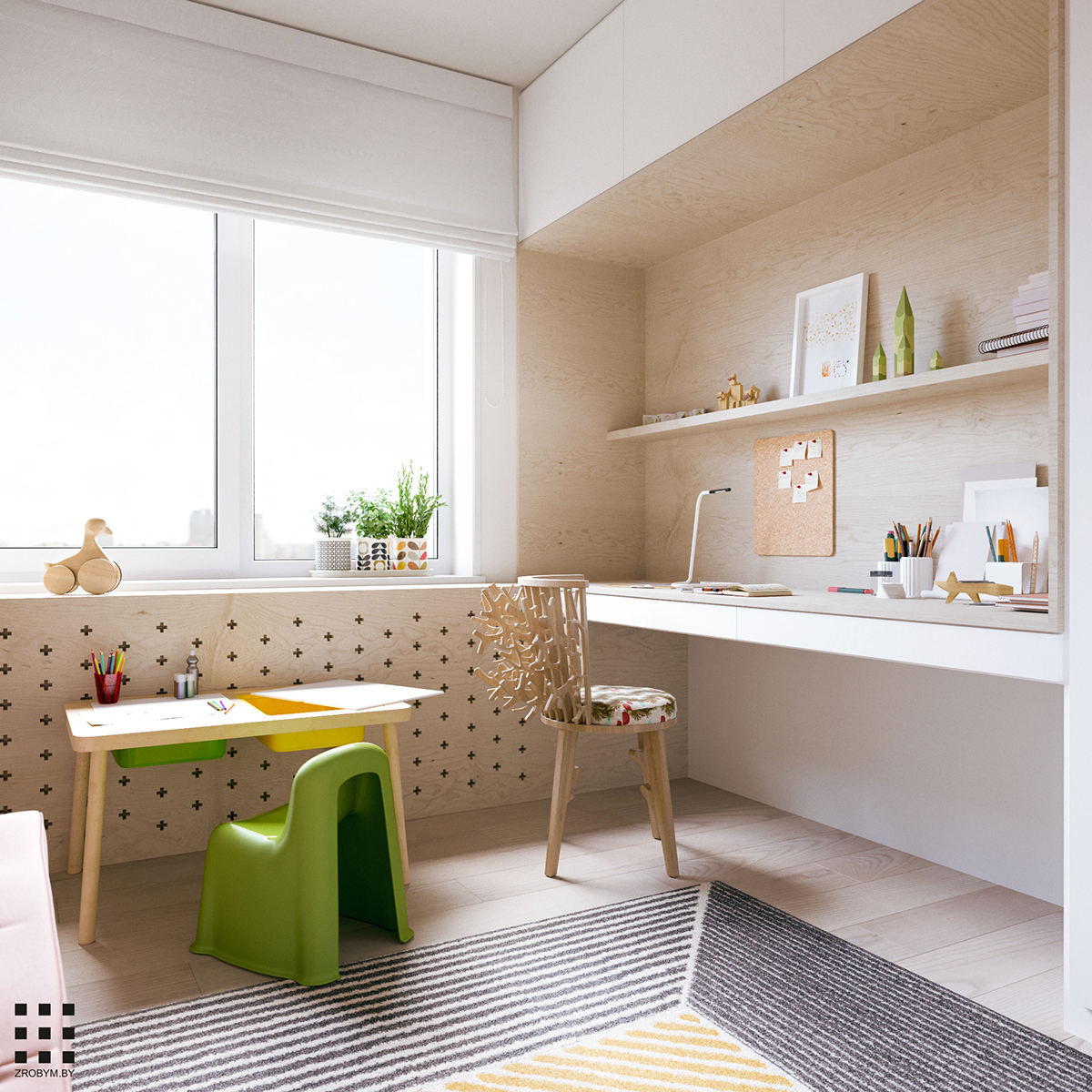 Interior design Scandinavian visualization corona White plywood minsk belarus glass blocks
