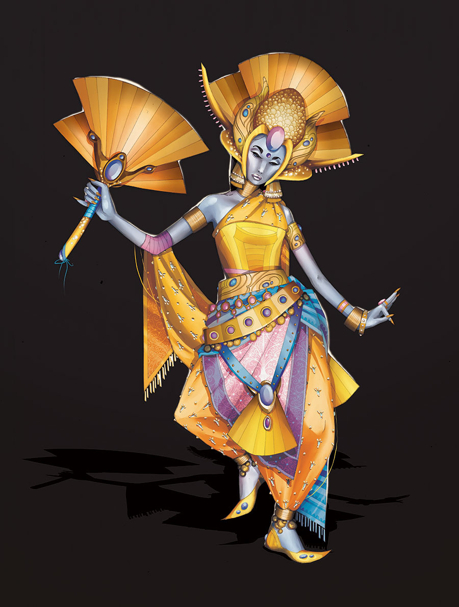 Character design  Costume Design  concept art digital illustration digital painting gold fantasy art blue skin dancer fans