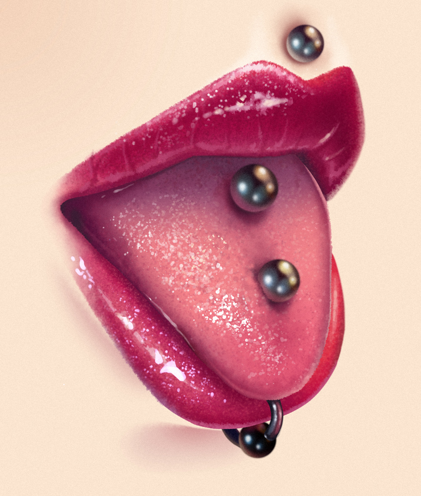 lips  red lipstick piercing metal tongue