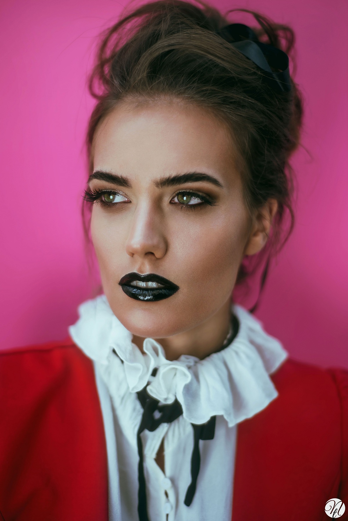 model Young woman face portrait Make Up hair black lips pink red beauty White