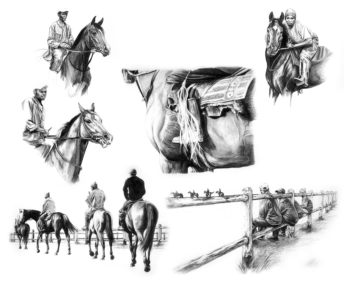 horses jockeys race track the horse races Grooms postcards desk calandars wild horses tack animals earthy pencil watercolour textures
