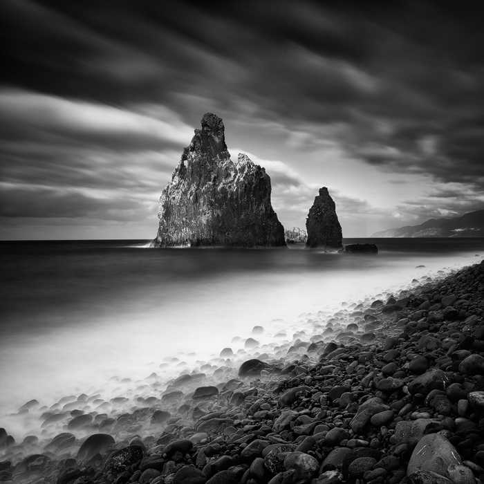 rocks sea Ocean Madeira black and white fine art square pier SKY clouds long exposure shore Coast mood seascape