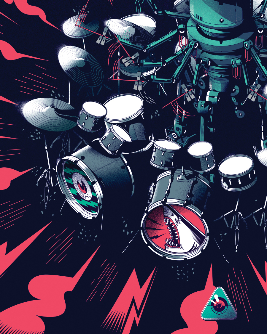 robot mech drumming vector sci-fi poster drums graphic explosion linework