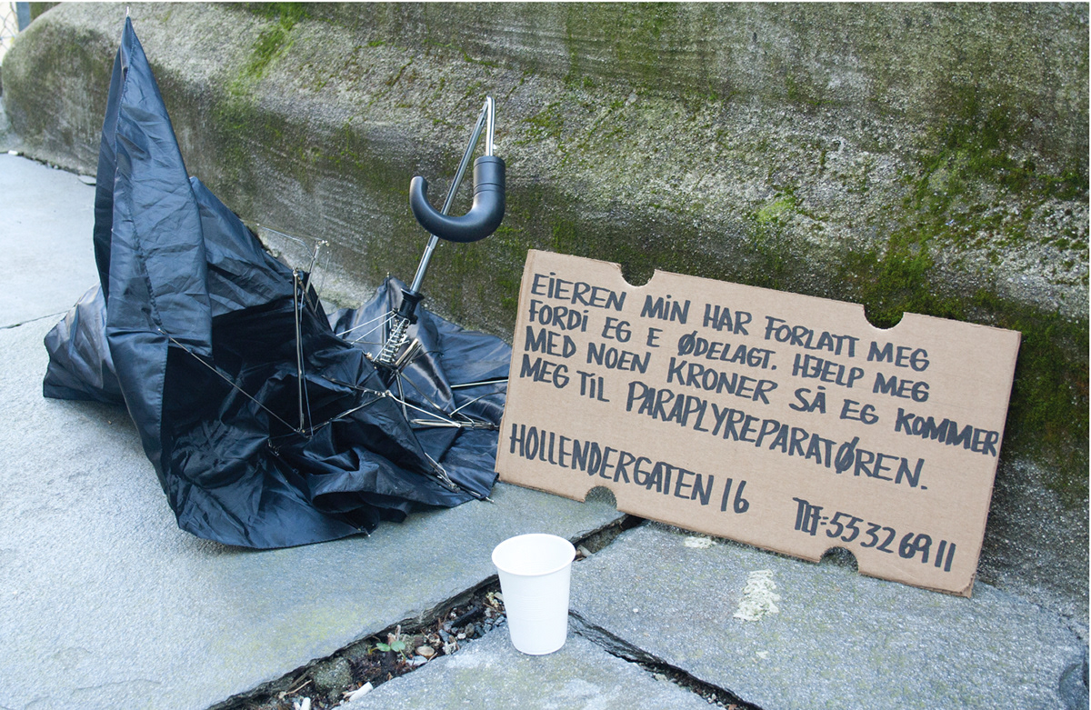 Bergen cardboard creative methods Begging for money graphic design  Street Art  creative thinking homeless abandoned norway Umbrella curious people Marker NKF