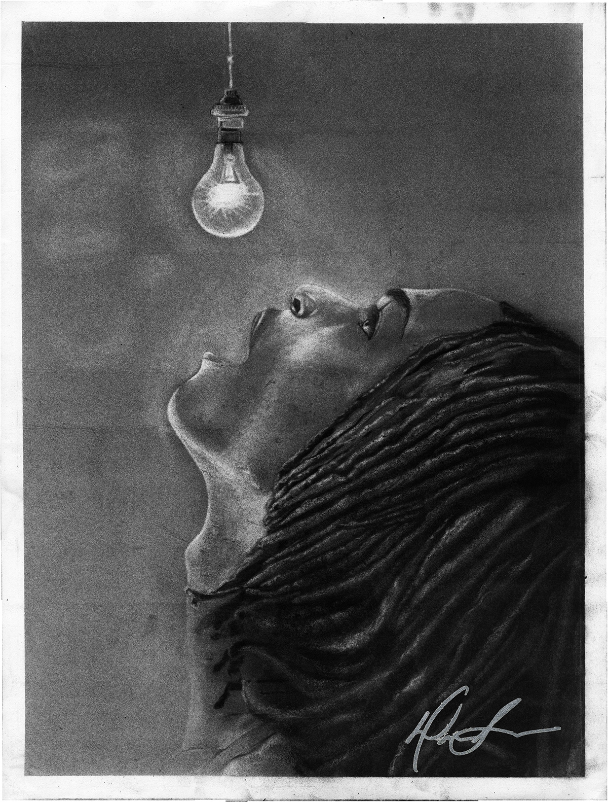 charcoal Lightbulb vintage illustrate b&w self-portrait class Illustrator Realism realist