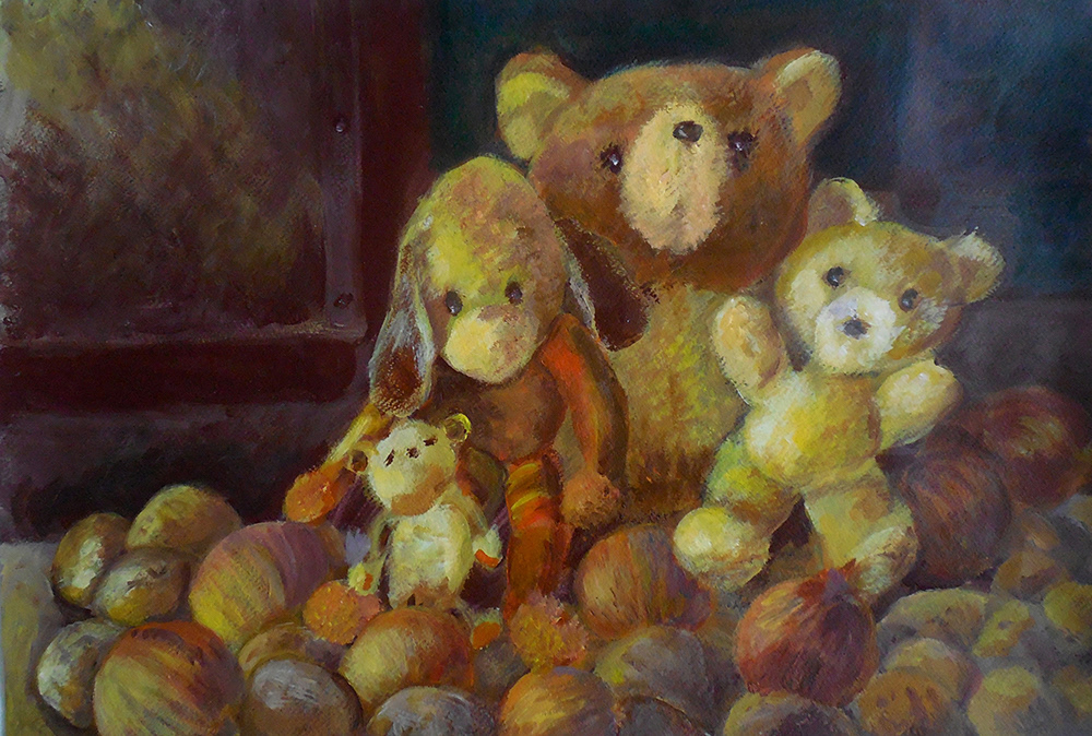 Paintings fine art teddy bear Cyclamen still life toys art Julia Doria painters flower