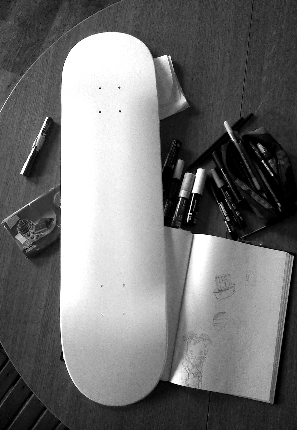 dyox skate Board black White girl godess eyes flower tentacle paper boat