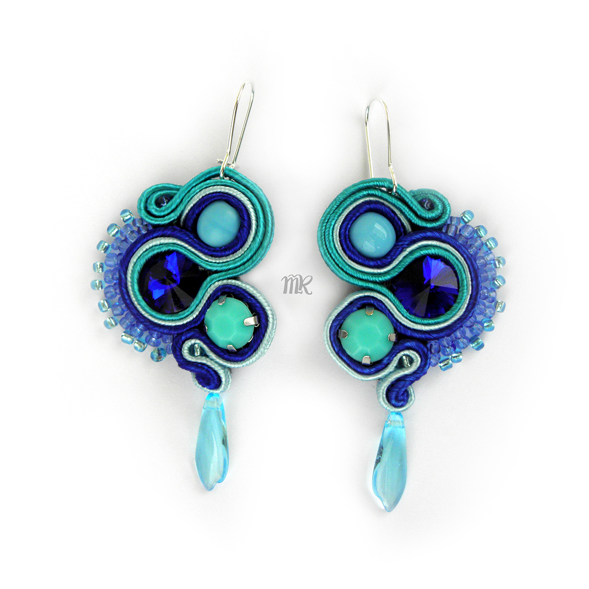 sea soutache earrings Swarovski blue teal cyan Jewellery