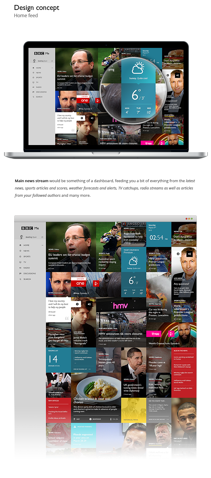 BBC redesign concept BBC Me D&AD student Student Brief UI ux grid flat Dynamic fluid