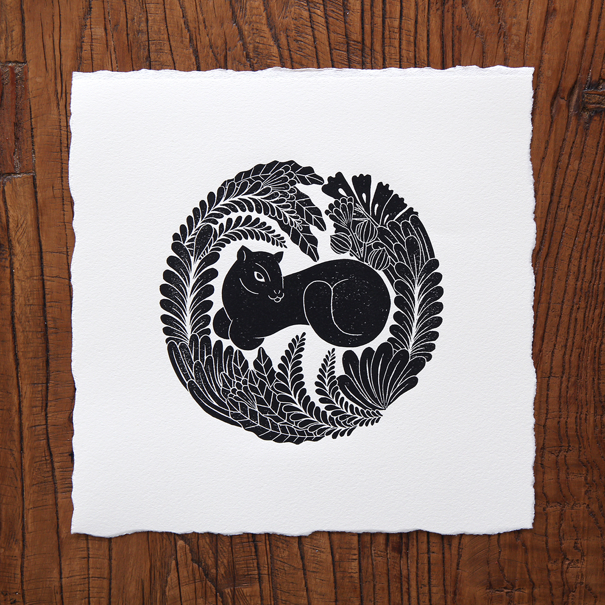 Nature Cat blackcat plants printmaking linocut Linoprint blockprint flower texture