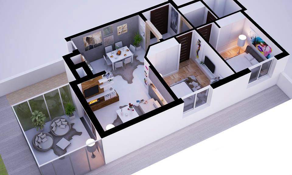 apartment livingroom kitchen kitchinette Scandinavian ceiling Interior