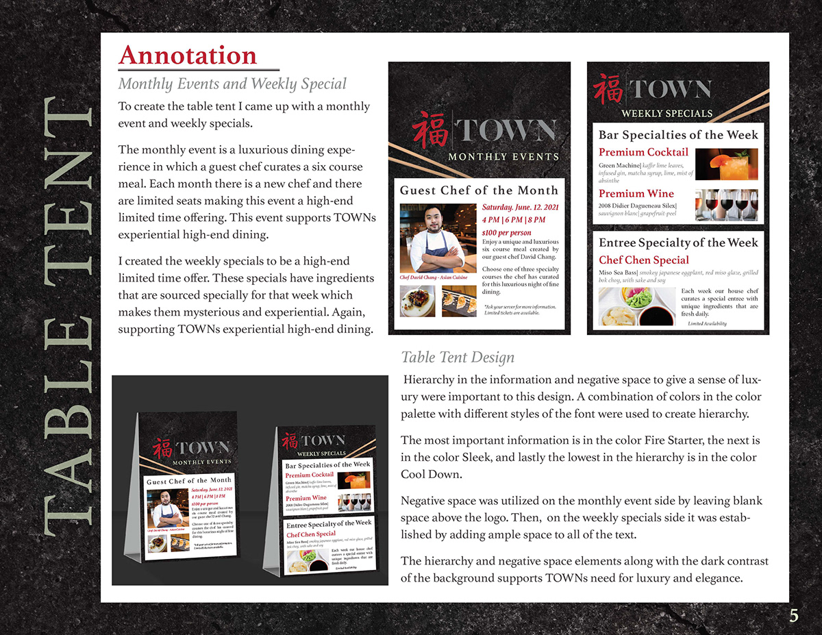 branding  brochure COM-232 design proposal Desktop Publishing menu restaurant SNHU table tent town