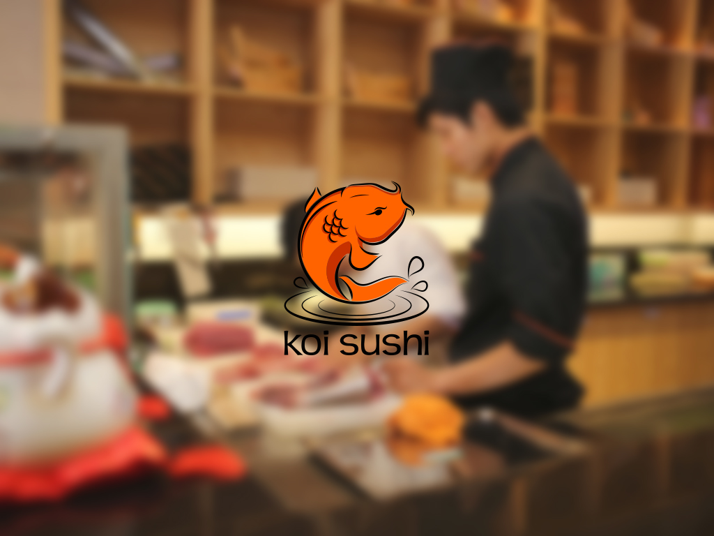 restaurant carp orange water scale fin beard luxury cuisine Sushi Sashimi Culinary river wave logo