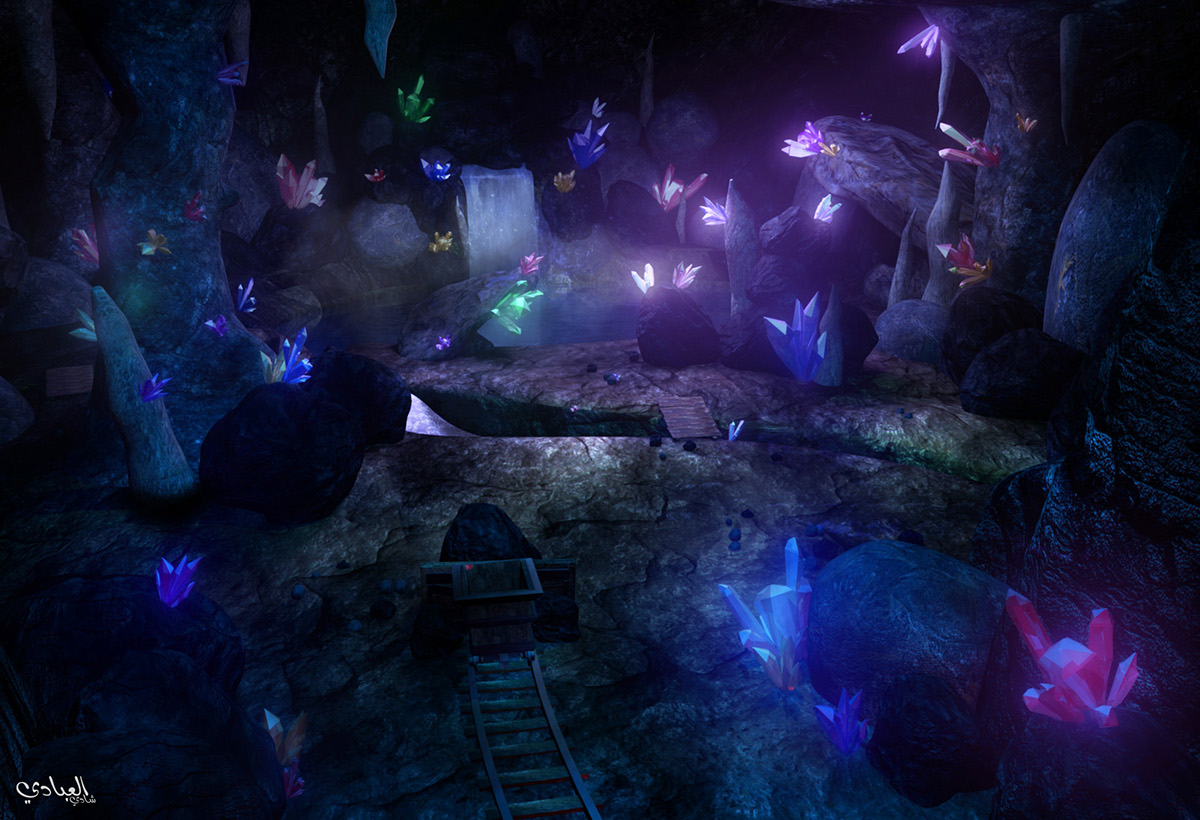 crystals cave 3D Maya photoshop modelling texturing