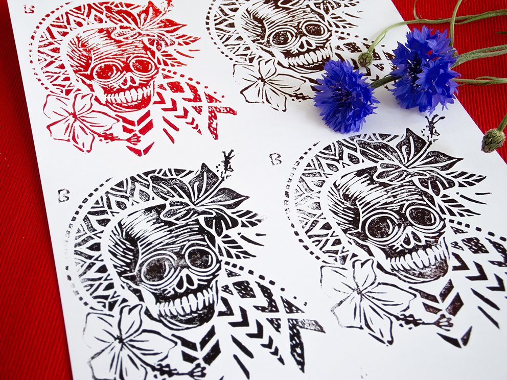 linocut print making Printing block print linoleum engraving ink skull Mexican tshirt Day of Dead carving animal pattern cutting
