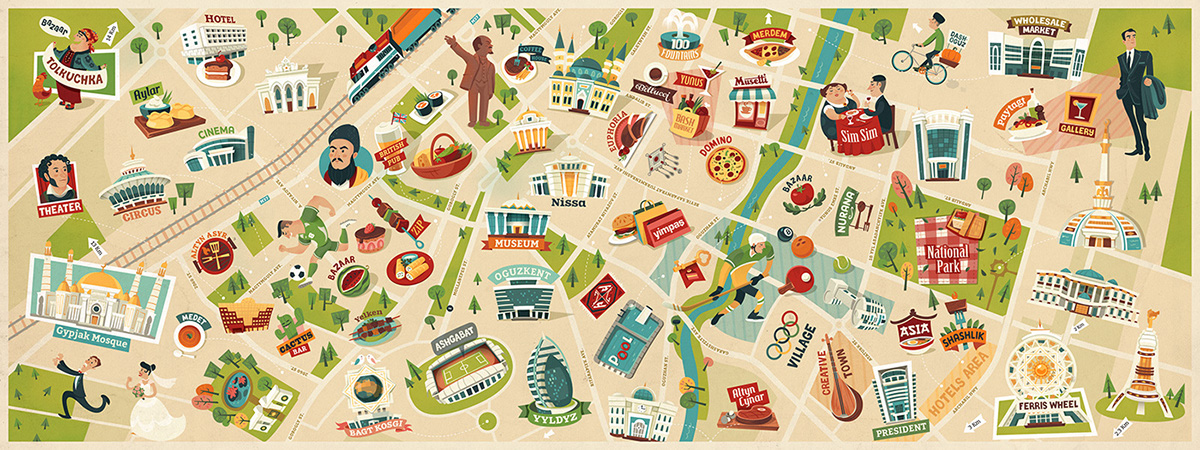 illustrated map ashgabat Turkmenistan poster asia Travel Shopping Entertainment tourism map