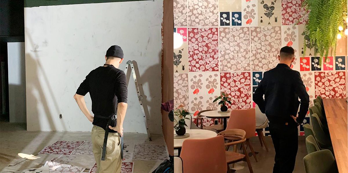 the artist poses first with an empty wall, and then in the same pose with a full art on the wall.