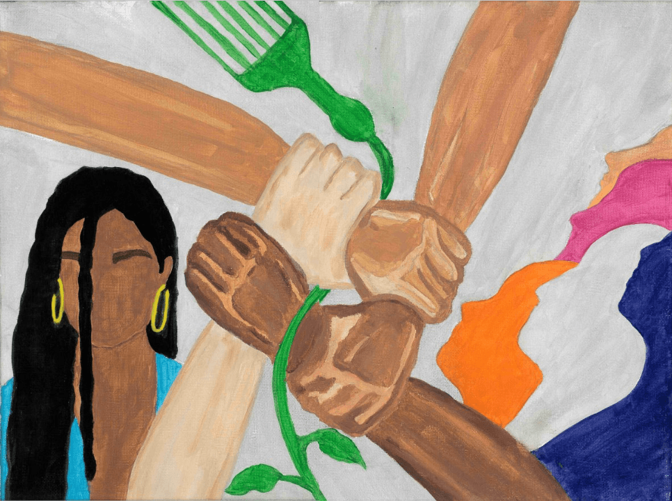 cultural painting displaying all skin tones and unity between races 