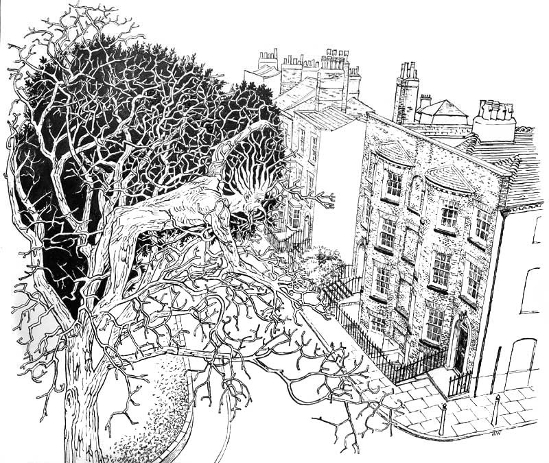 Black and white version of green man in Margate illustration