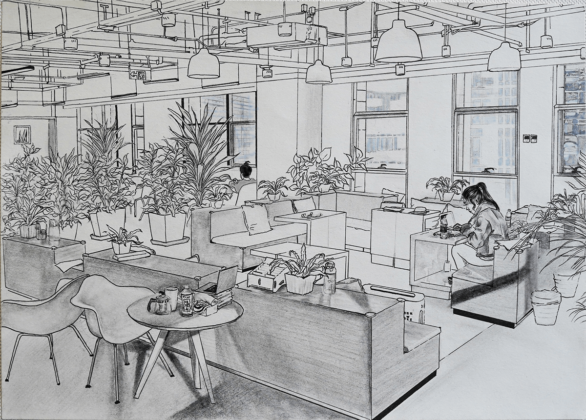 ink rendering of a study space interior