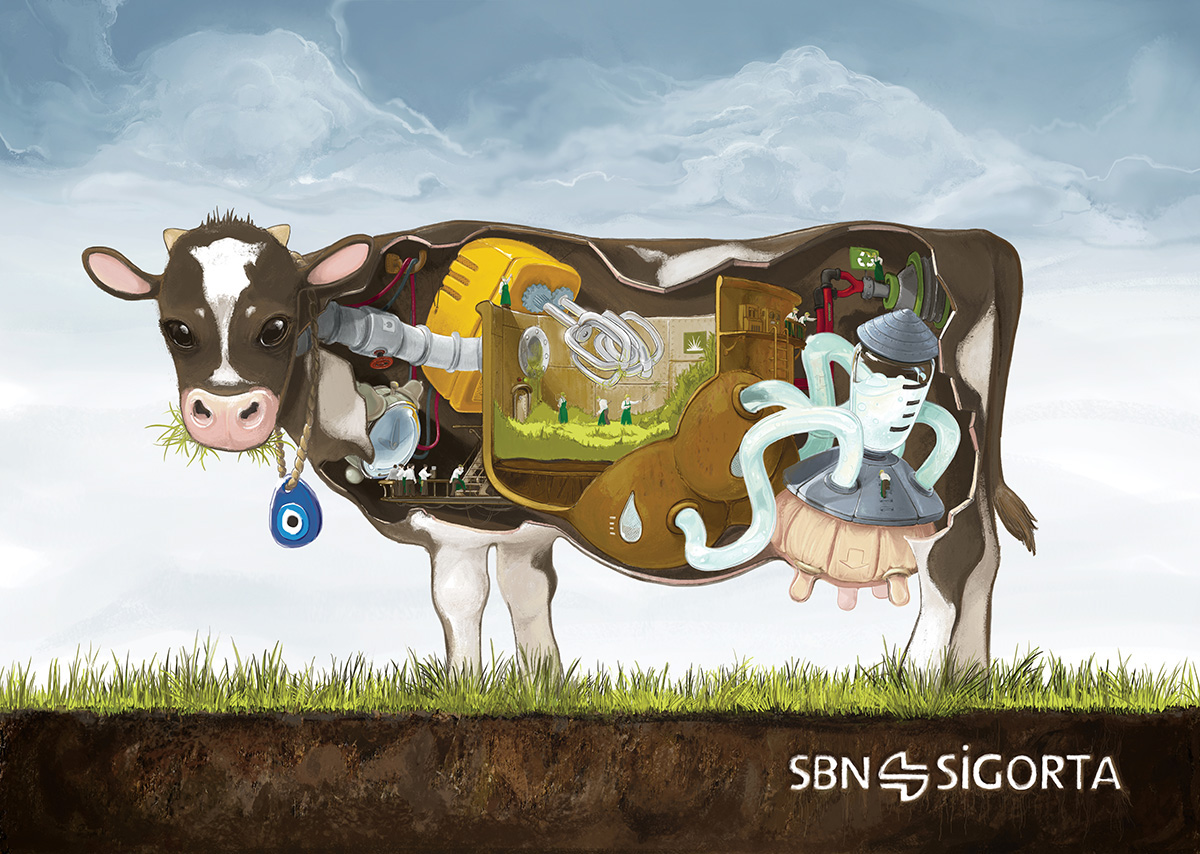 digital painting quirky factory magazine advert anatomical contraption animal cow anatomy pastel