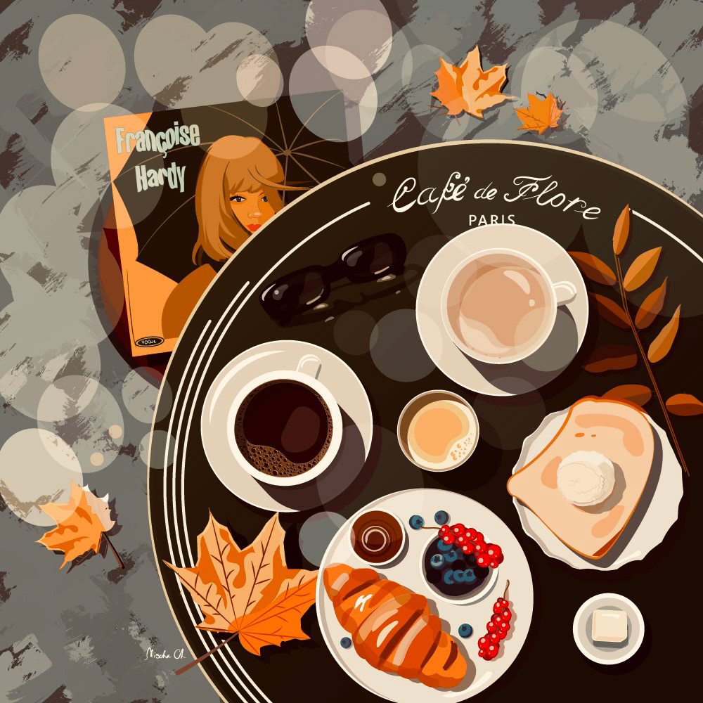 adobe illustrator food illustration Coffee Paris autumn leaves autumn Françoise Hardy cafe de flore