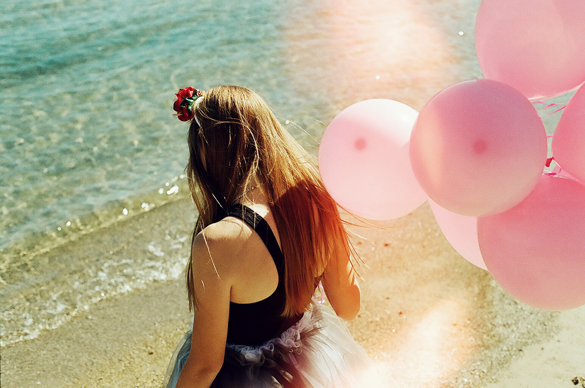 laurel guido ballerina balloons headband sand beach lake girl film photography tutu pink editorial fashion photography canon film camera KODAK FILM