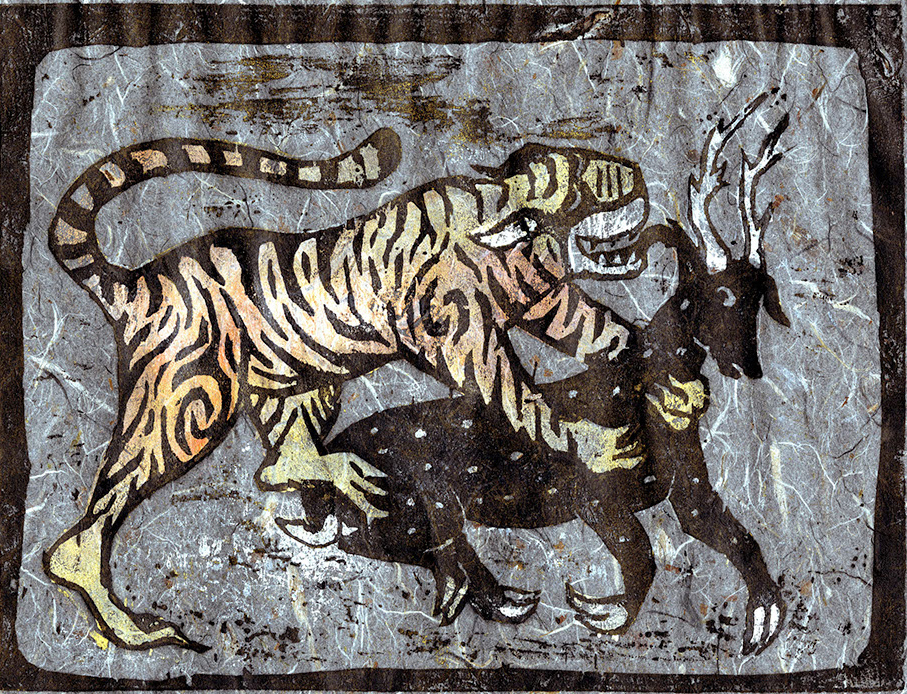 printmaking woodcut tiger antelope deer animals fight Competition Eating  Hunting force Nature handprinting wood