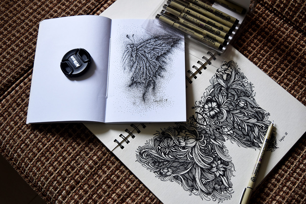 Fine Arts  Drawing  line pen drop pen paper typography   flower butterfly