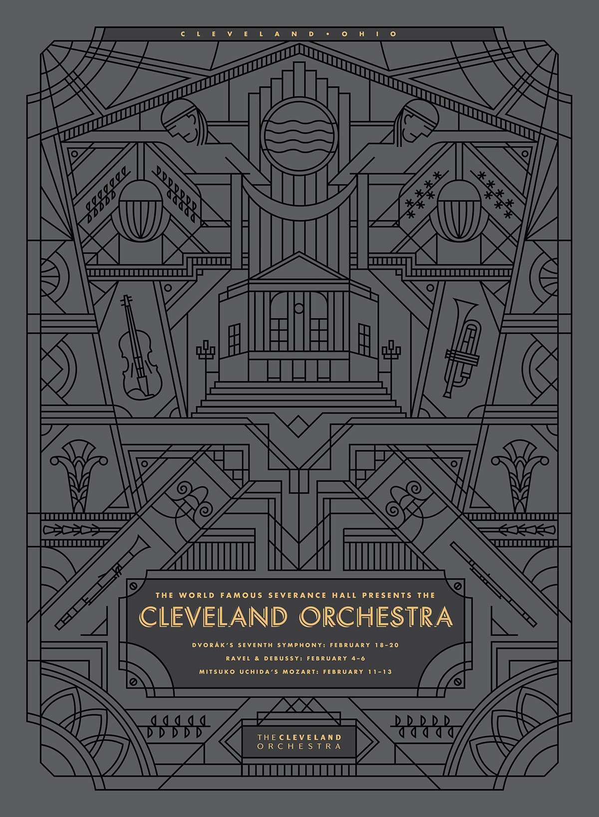 Cleveland orchestra poster Mockup vector line monoweight art deco 1920s gold black and gold severance hall