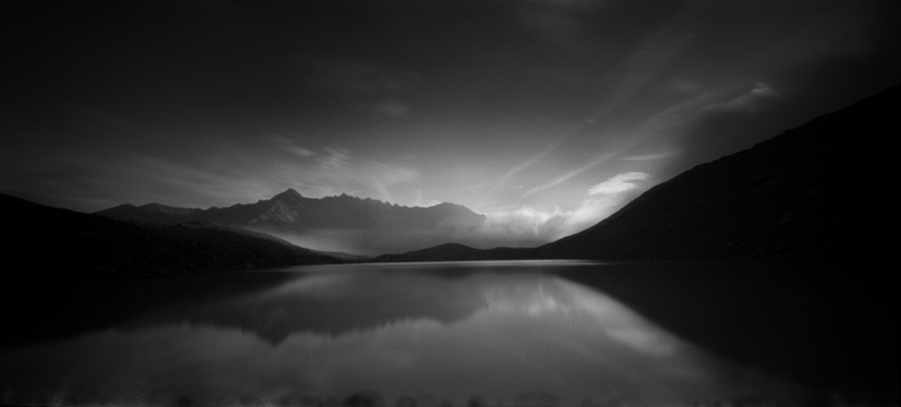 Analogue black and white bw Landscape lake pinhole analog medium format 6x12 6*12 moutains ILFORD