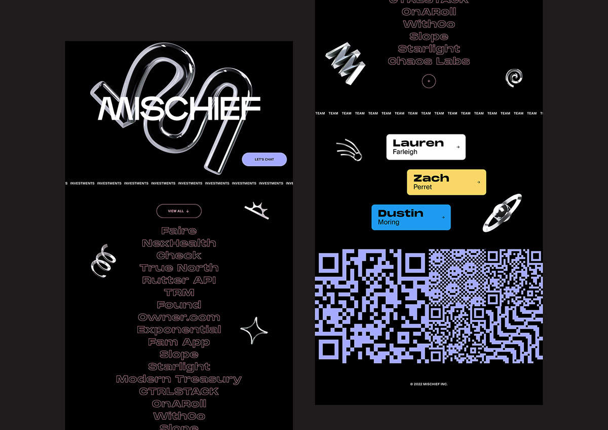 3D blockchain brand identity branding  Fintech Mischief nft QR Code venture capital Website