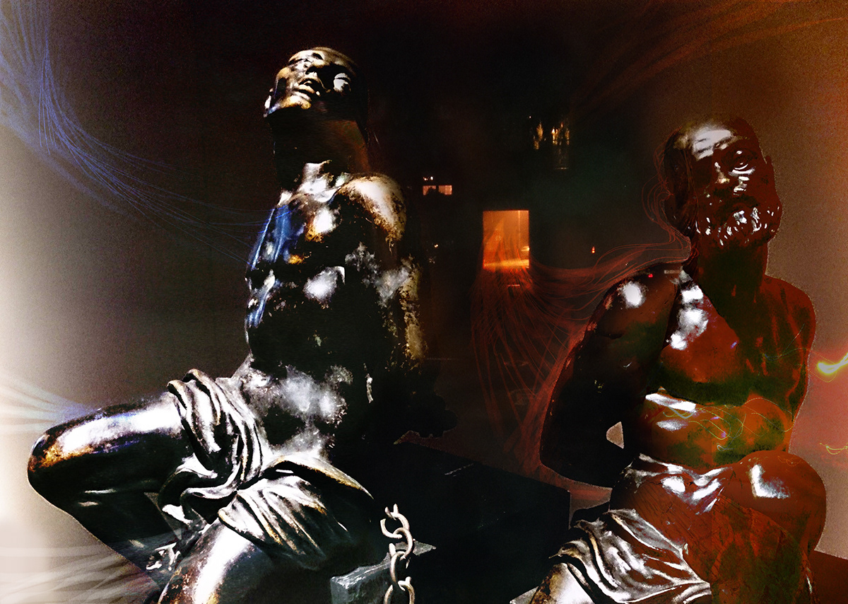 slaves sculpture night struggle Despair old man Young man Entrance Mix media red black surreal conceptual Glitch disolve