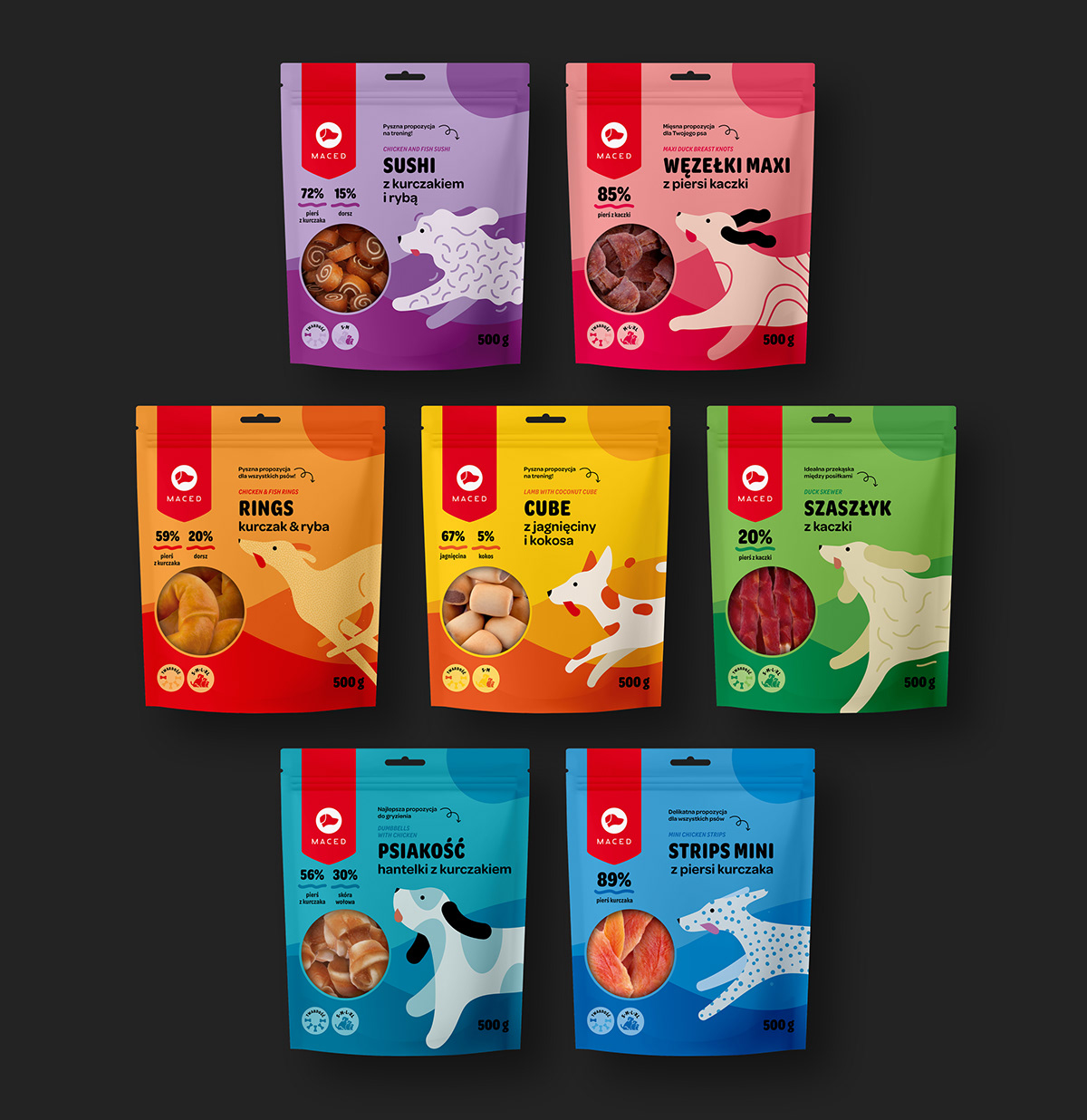 Set of seven illustrative packaging of dog snacks with dedicated illustrations and colours.