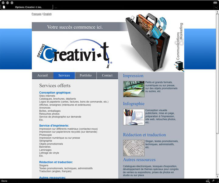 Options Creativi-t Graphic Designer infographiste site web template brochures Catalogue depliant Carte d'affaire logo