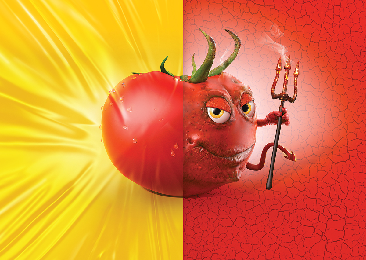 devil Character Tomato horns tail Pitchfork smoke leaves modo 3D