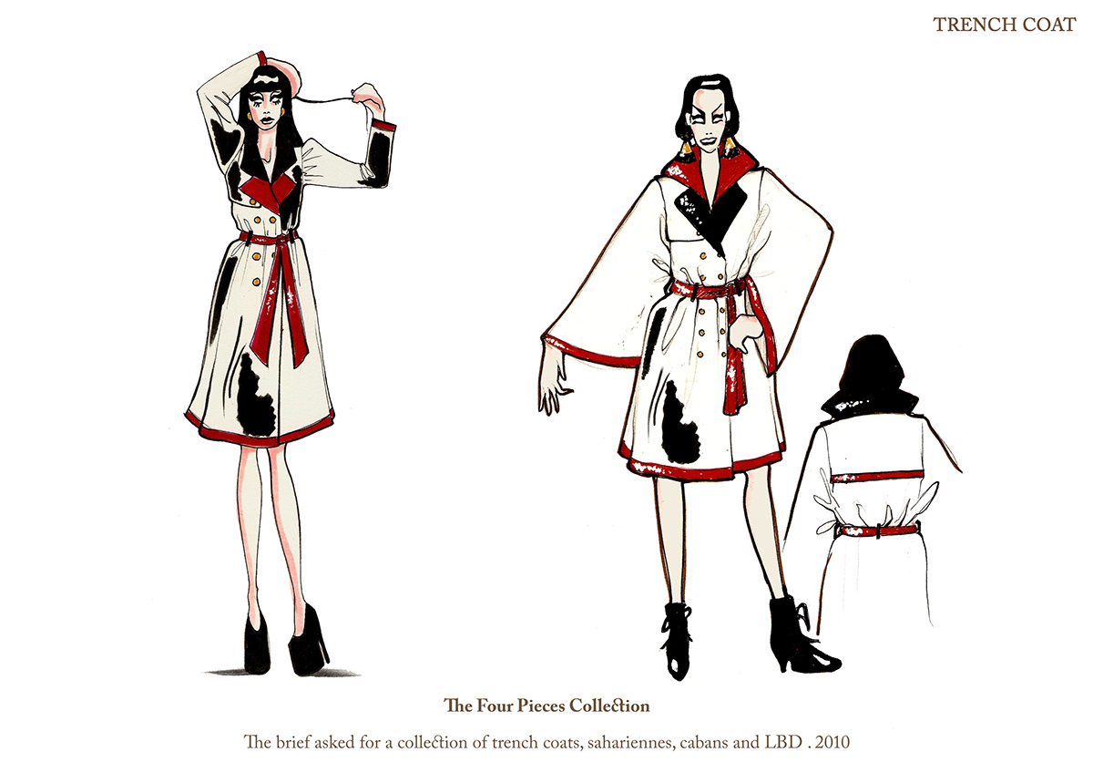 trench coat LBD Saharienne Caban horror movie fashion design fashion illustration