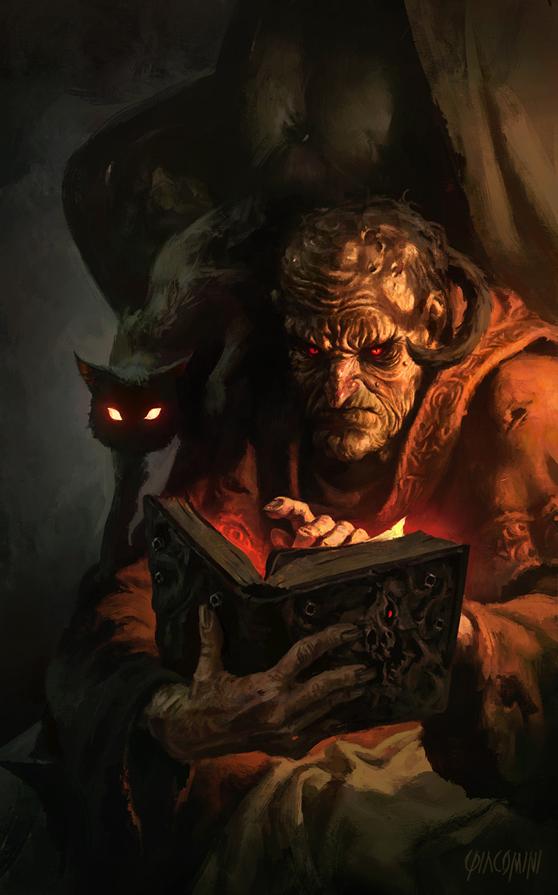 horror macabre book Reading dark wizard sorcer magic book Cat Friend old man