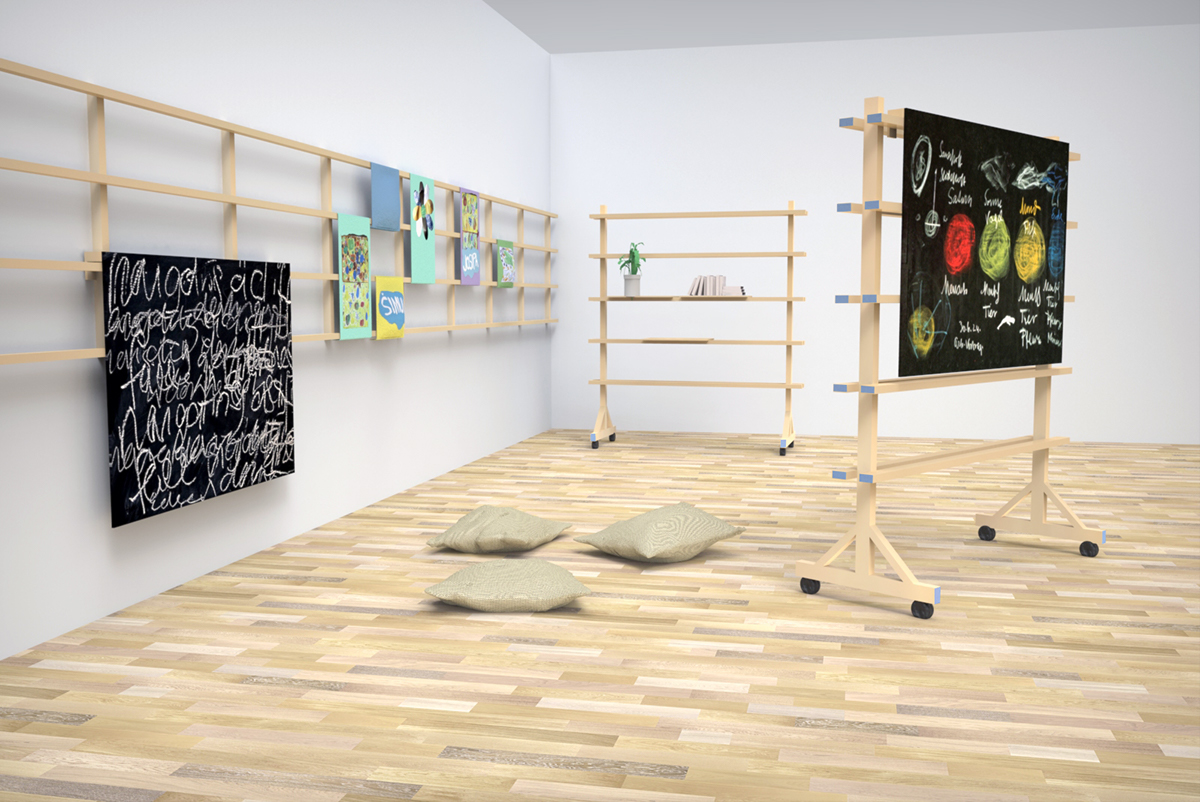 simple school furniture unicef local eco Smart didactic wood DIY open source kids shelves walls
