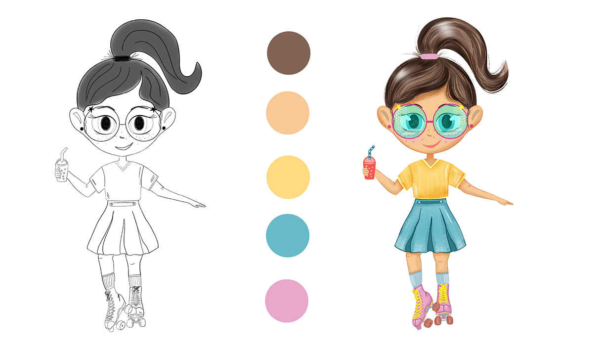 Roller skater girl character is posing with a smoothie.